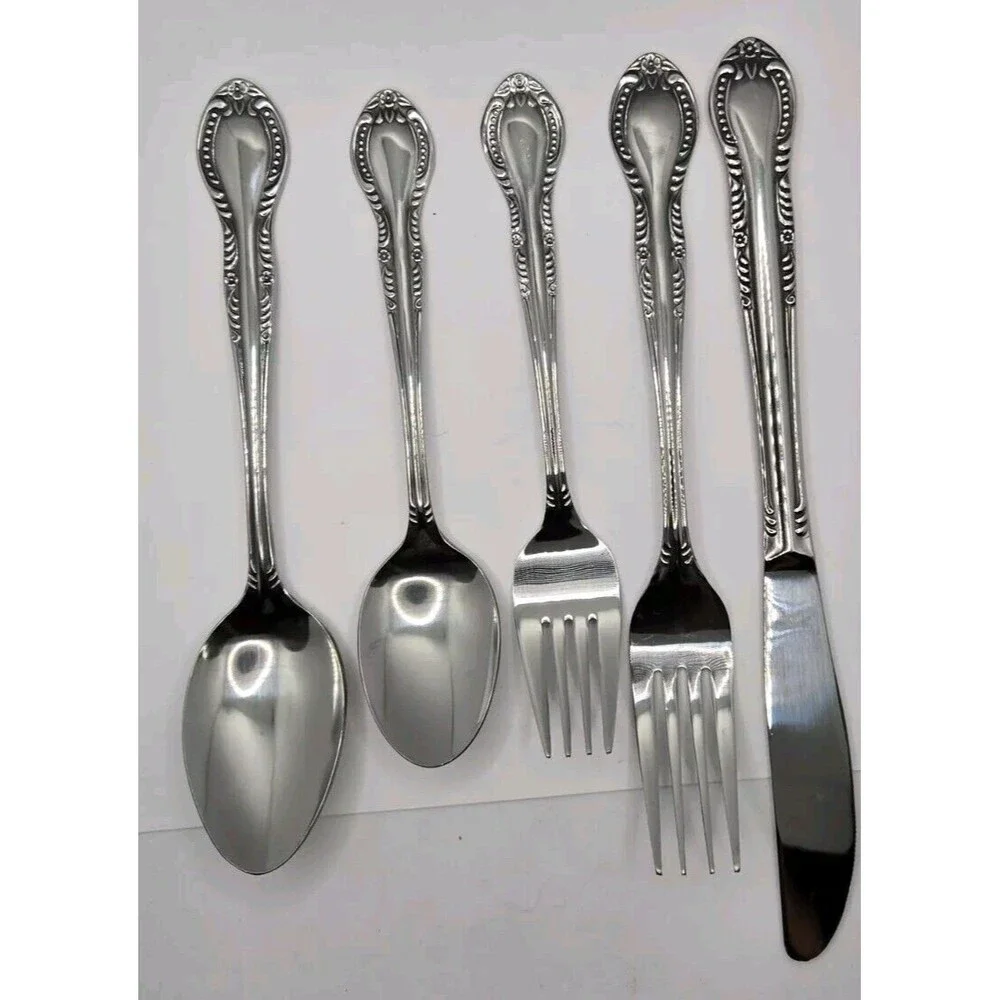 Vintage Stainless Flatware Spoon Knife Fork Columbia Japan Beaded Edge Set of 4